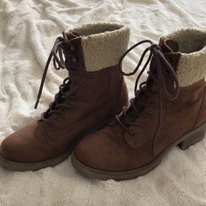 Cognac colored faux suede ankle boots